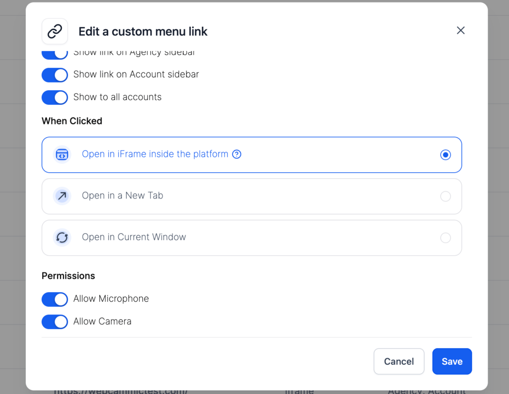 Access to Camera And Microphone for Custom Links